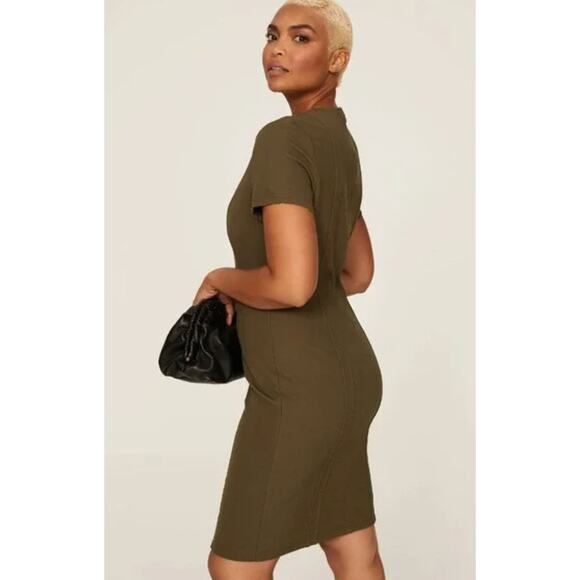 Toccin NY Dress Womens 8 Olive Green Short Sleeve Zip Front Fitted Sheath Career - Picture 3 of 10